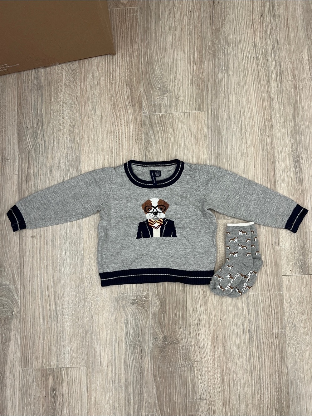 Janie and Jack Gray Knit Sweater with Dog Motif and matching socks